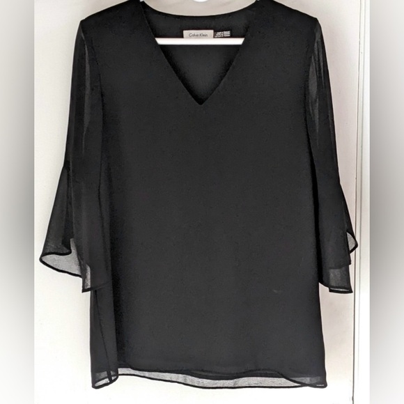 Calvin Klein Tops - Calvin Klein Womens Black Sheer Elbow Sleeve V-Neck Top Blouse Shirt